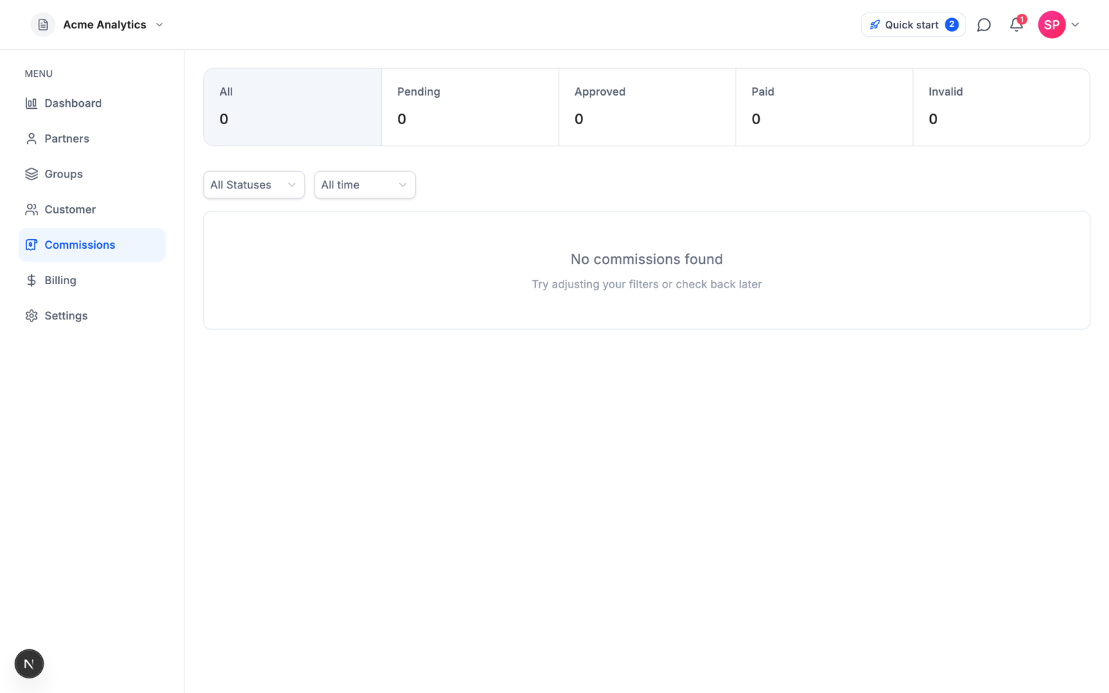 The Commissions page tracks every commission through its lifecycle