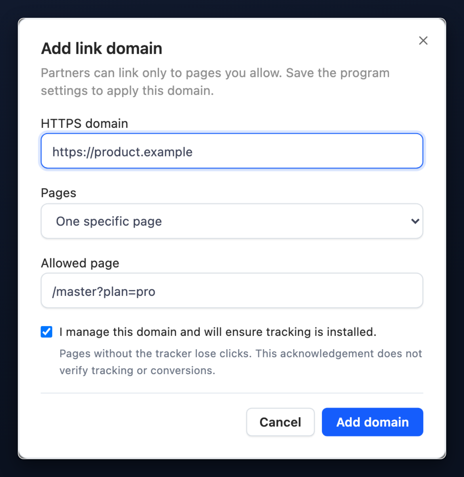 Add link domain dialog with One specific page and the tracking acknowledgement