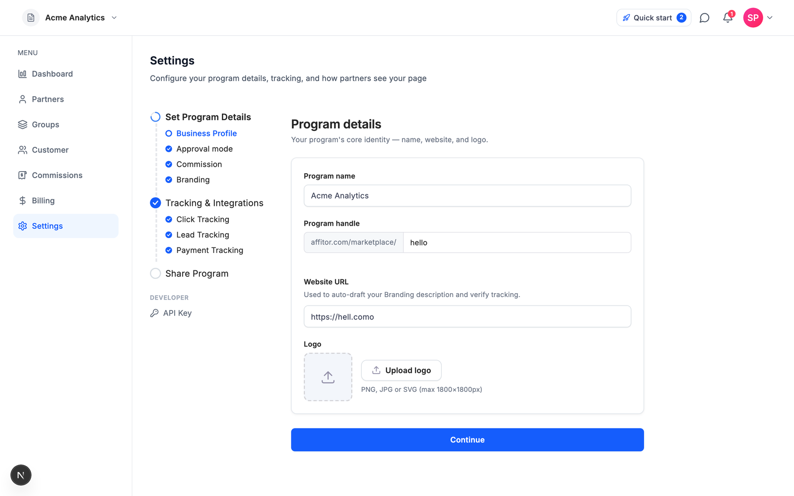 Program Settings — the left rail lists Business Profile, Approval mode, Commission, Branding, Tracking & Integrations, Share Program, and the Developer API Key section