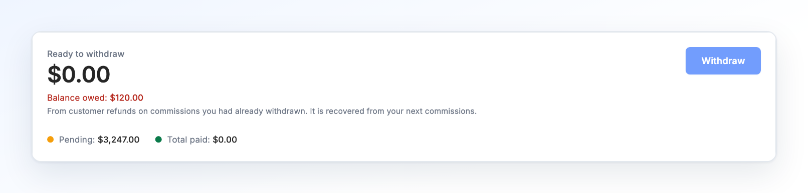 The partner payout page with a Balance owed line under Ready to withdraw