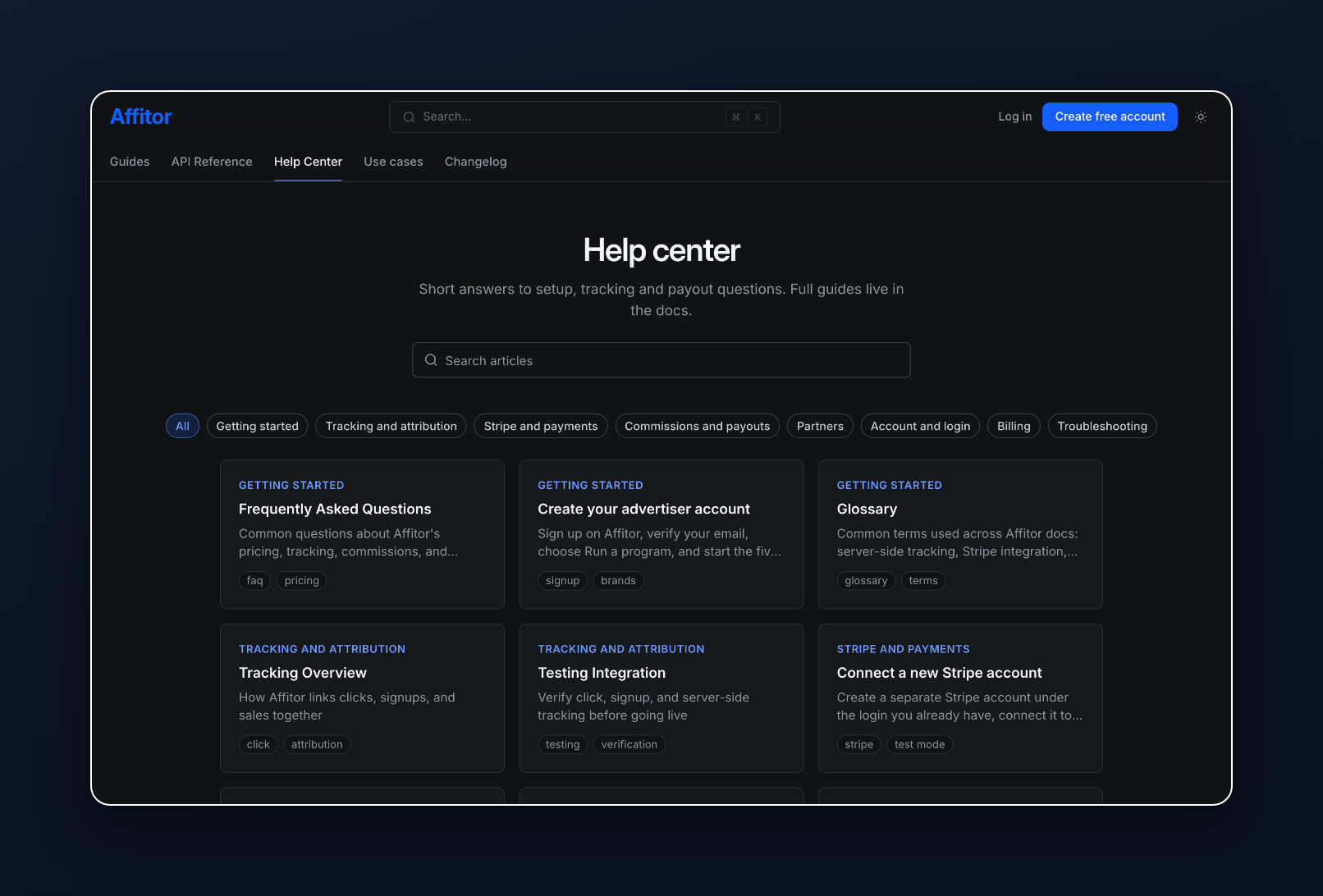 The Help center page with a search box, category filters and cards for short answers