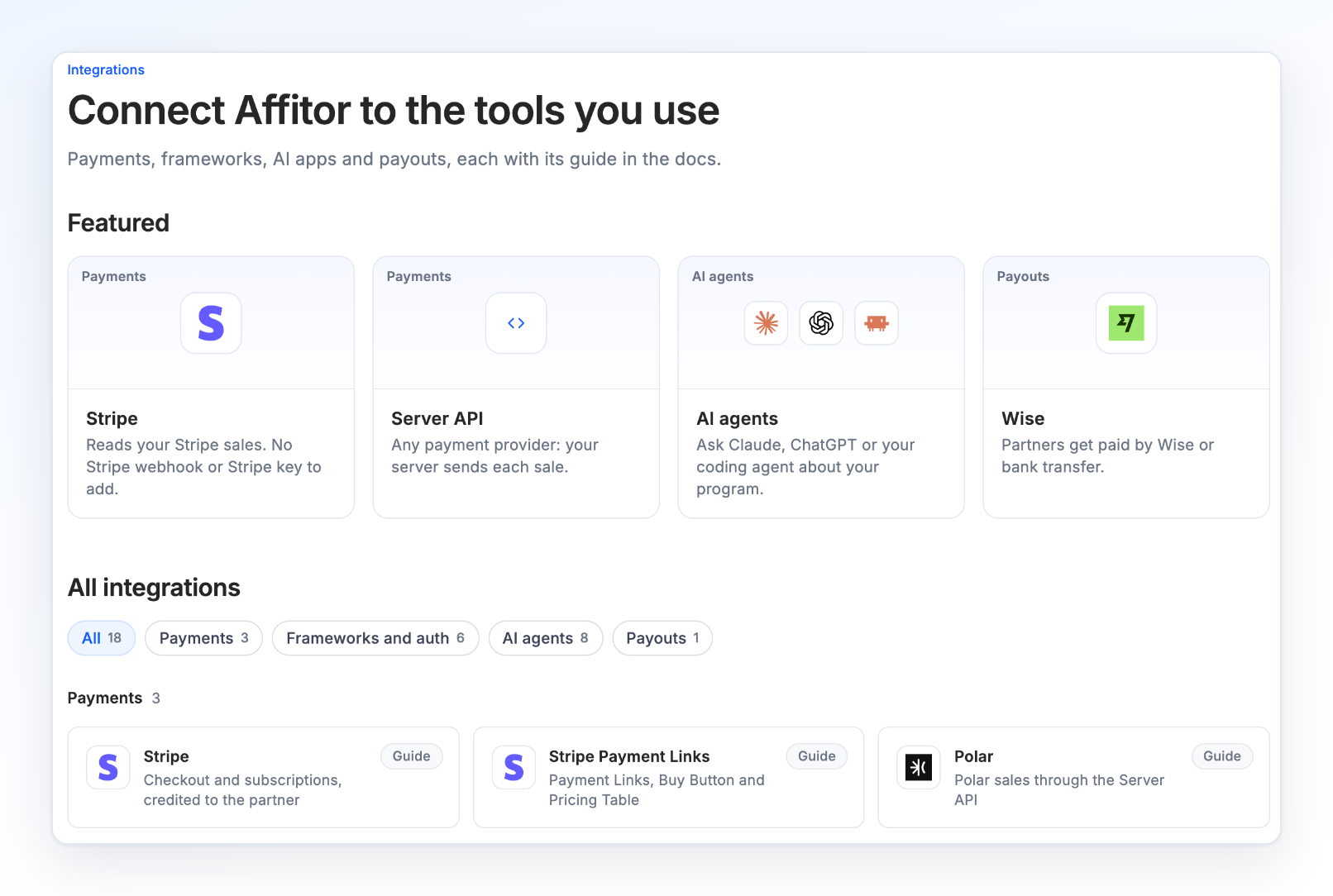 The Integrations page with its heading, the featured tiles, the category filter and the first row of payment integrations