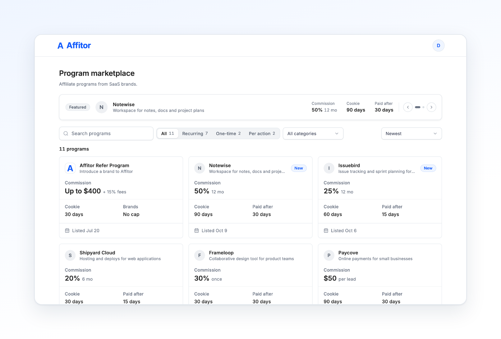 The marketplace: a featured program on top, then search, type filters, a category menu, sort, and a grid of program cards