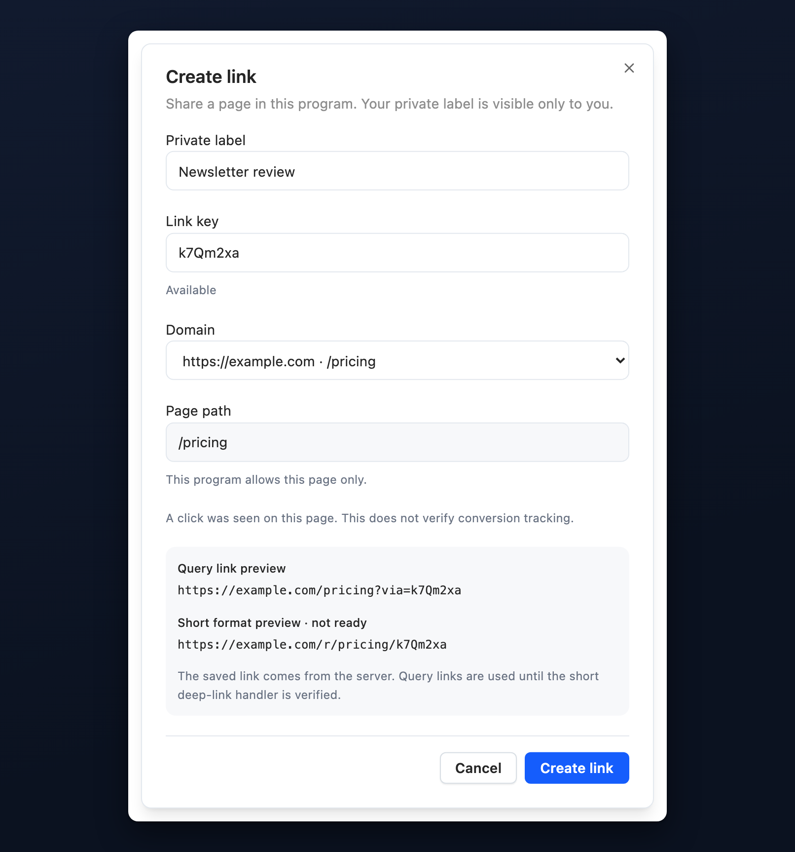 The partner's Create link form with Domain https://example.com · /pricing and Page path /pricing filled in and locked, above the query link preview https://example.com/pricing?via=k7Qm2xa