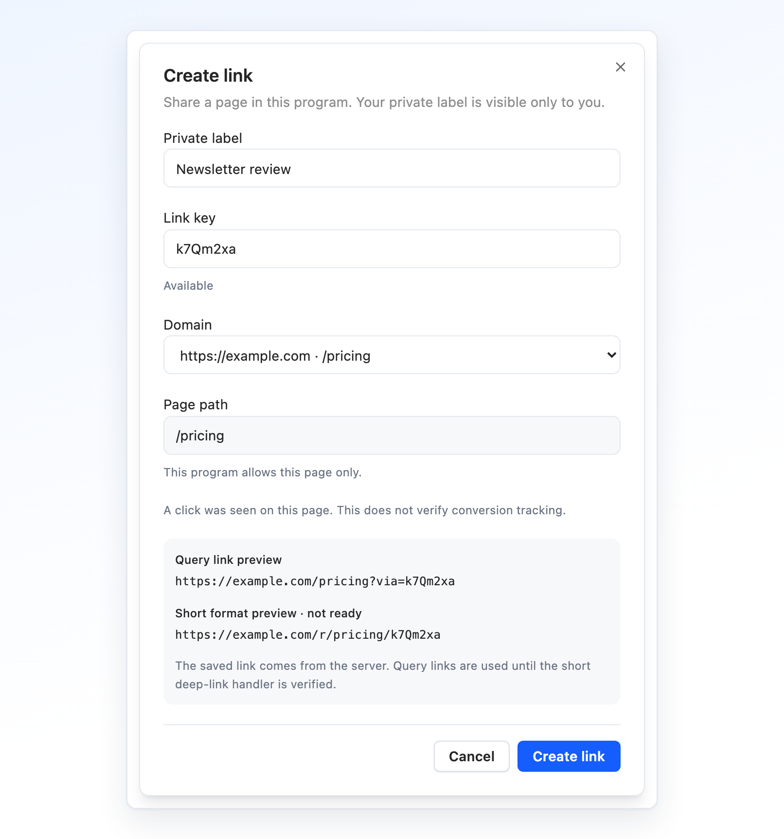 The partner's Create link form with Domain https://example.com · /pricing and Page path /pricing filled in and locked, above the query link preview https://example.com/pricing?via=k7Qm2xa