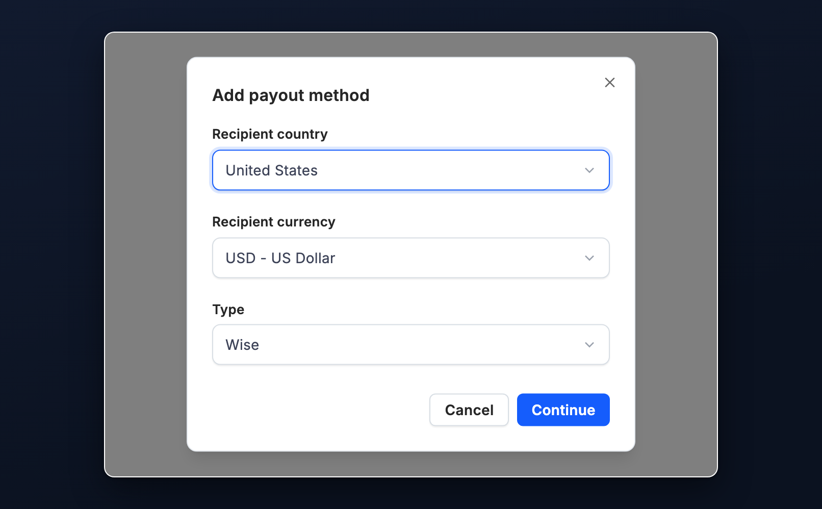 The Add payout method dialog with recipient country, currency and Wise as the type