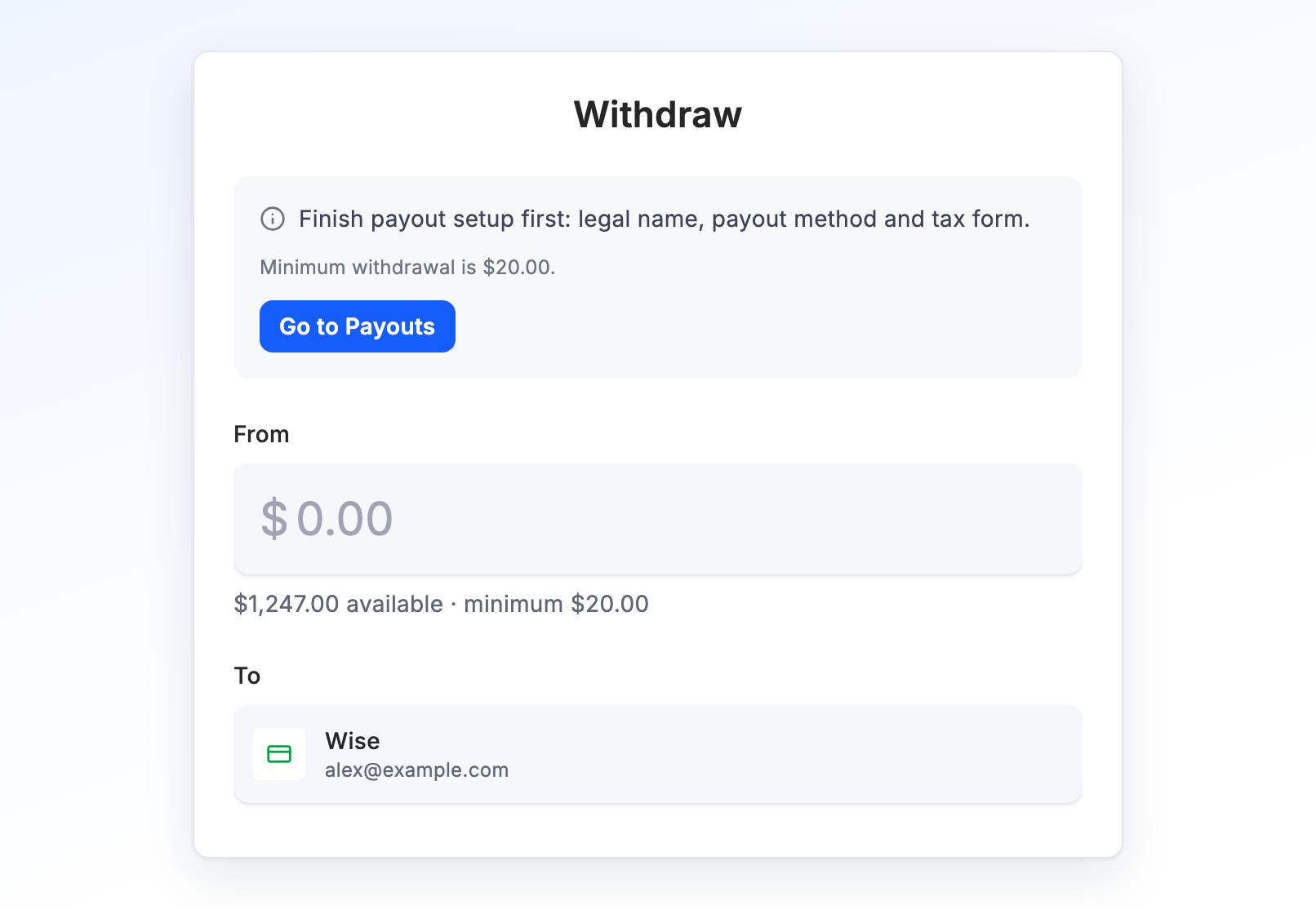The Withdraw page with the available amount, the $20 minimum and a prompt to finish payout setup