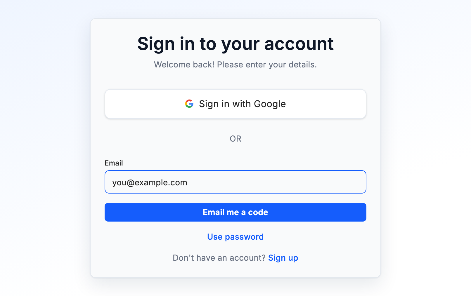 The Sign in to your account page with an email entered above the Email me a code button, and Use password below it