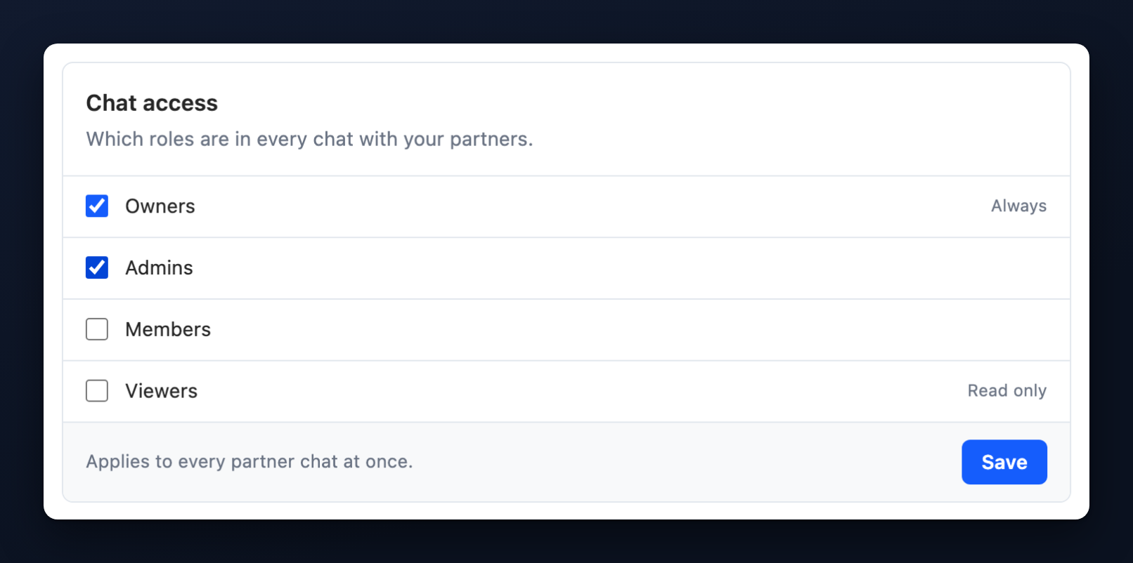 The Chat access card on Members: Owners ticked and marked Always, Admins ticked, Members and Viewers (Read only) unticked, and Save