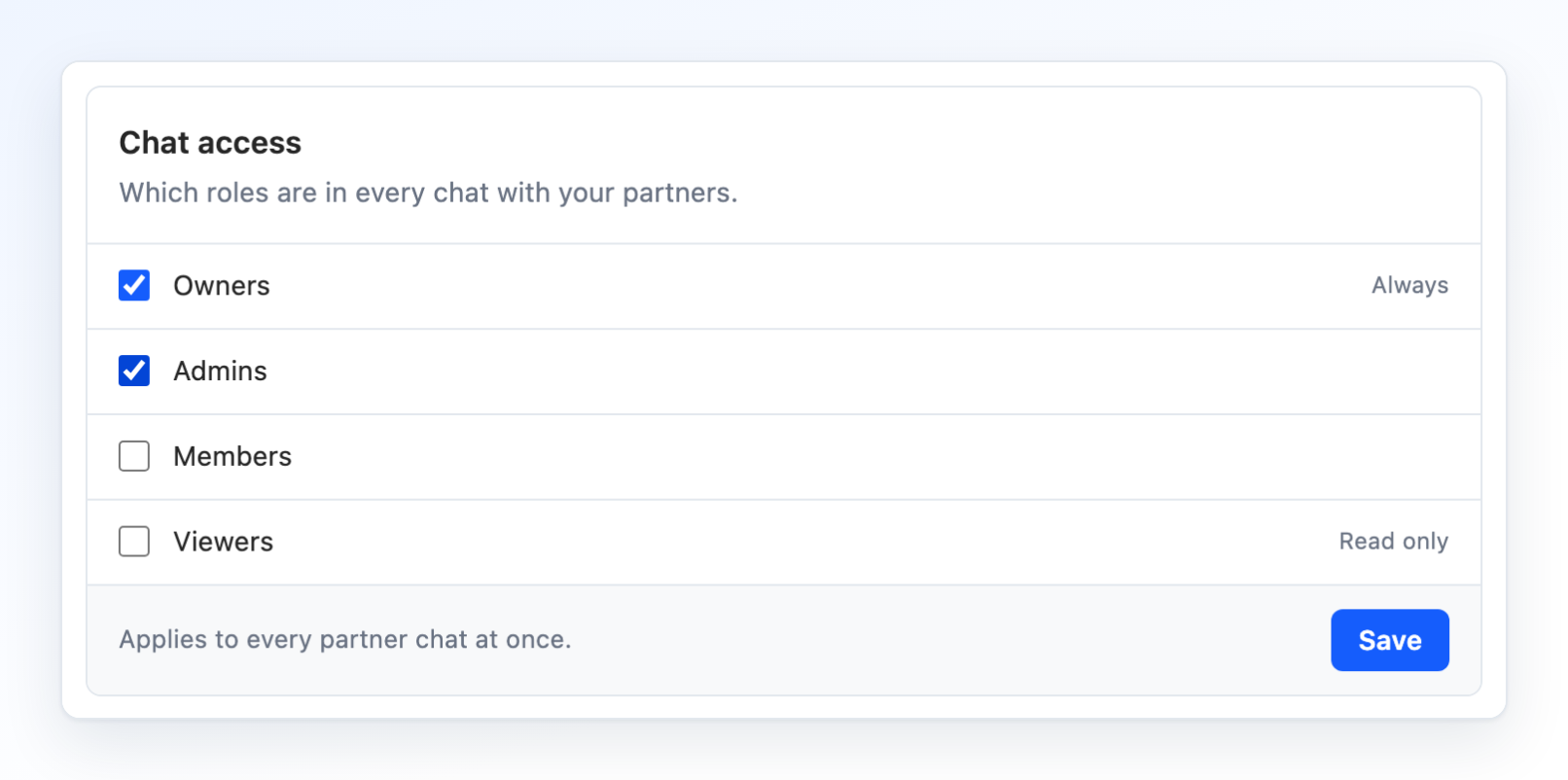 The Chat access card on Members: Owners ticked and marked Always, Admins ticked, Members and Viewers (Read only) unticked, and Save