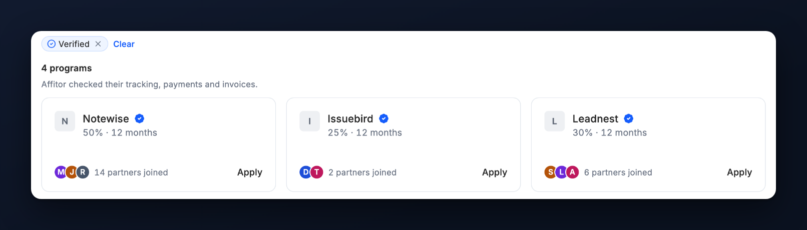 The marketplace filtered to verified programs, with the Verified chip