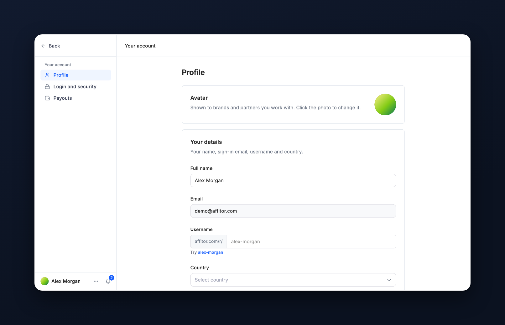 Your account on the Profile tab, with the avatar and the name, email, username and country fields