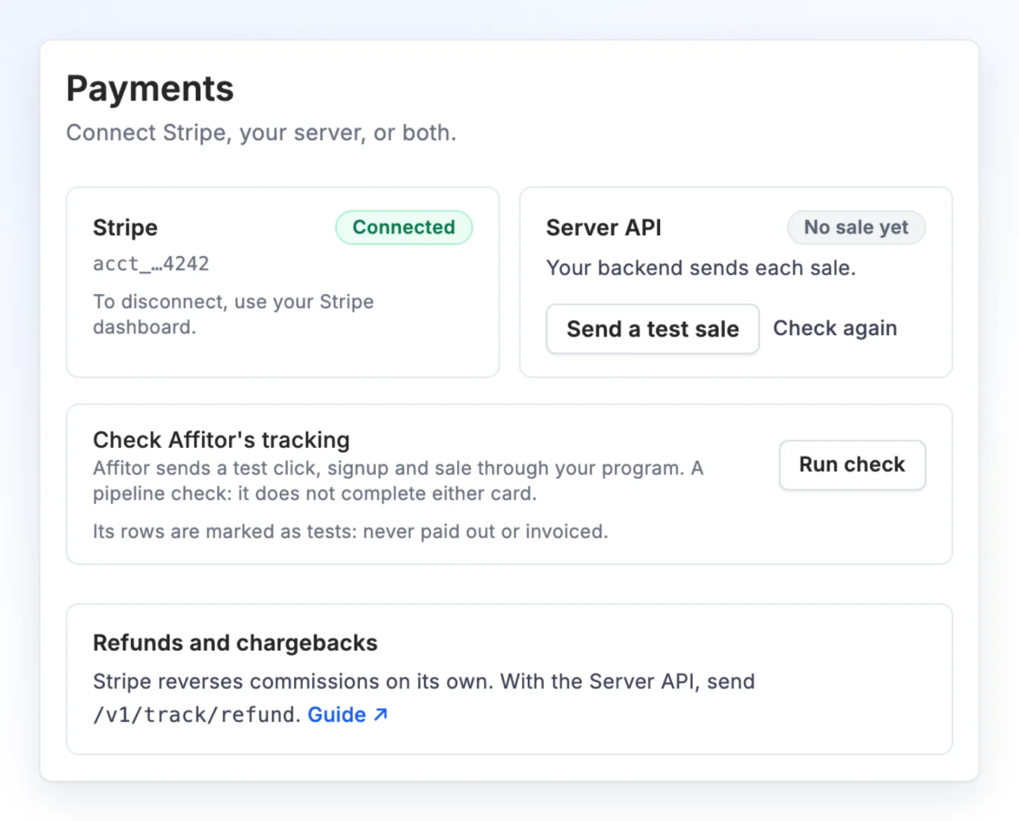 Program settings, Payments: the Stripe card says Connected. Demo data.